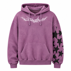 Felpa con Cappuccio Oversize Unisex in Felpa Pesante con Stampa Serigrafica Vintage Lavata, Colore Dusty Mauve, con Grafica a Stella Fulmine, Stile Streetwear - Product Image 2