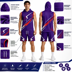 Men's Red Hooded Sleeveless Tank Top With Geometric Print Quick Dry Streetwear Set - Product Image 3