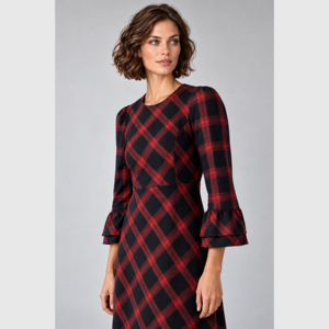 Vestido midi a cuadros para mujer, cuello redondo, manga larga con volantes, línea A, estilo vintage, elegante, para fiesta de otoño - Product Image 3