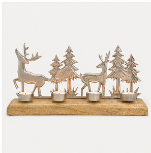 Portavelas de Aluminio Plateado Hecho a Mano con Forma de Reno y Árbol de Navidad, Base de Madera de Mango Natural, Soporte para 4 Velas de Té, para Decoración Festiva - Product Image 4