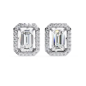 Boucles d'oreilles clous micro-pavées en diamant de laboratoire taille émeraude, or massif 18 carats, bijoux fins pour femme, cadre d'accentuation classique - Product Image 3