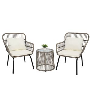Set Bistrot da Esterno in Vimini Marrone a 3 Pezzi con 2 Sedie, Tavolino Laterale con Piano in Vetro e Cuscini - Ideale per Conversare - Product Image 1