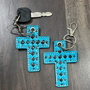 Latest Trending Design 2026 Checkered Pattern Hand Tooled Genuine Cow <b>Leather</b> Cross <b>Keychain</b> Wholesale Bag Charm Accessory Gifts - Product Image 4