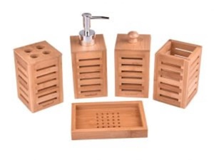 Wooden Bathroom Set Six Piece Rectangle Minimalist Style <b>Soap</b> Dish Toothbrush <b>Holder</b> Dispenser With Pump Easy To Clean - Product Image 6