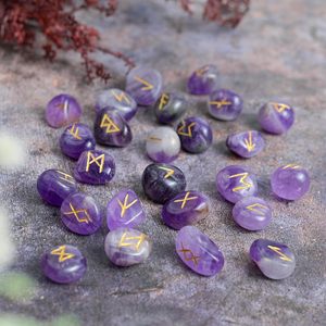 Ensemble de pierres runiques en améthyste, cristal poli gravé avec des symboles Futhark, forme irrégulière, REIKI, divination religieuse, décoration de la maison - Product Image 3
