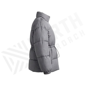 Women's Quilted Puffer Jacket Solid Gray Full Sleeve Stand Collar Zipper Closure Windproof Winter Coat Adjustable Waist - Product Image 3
