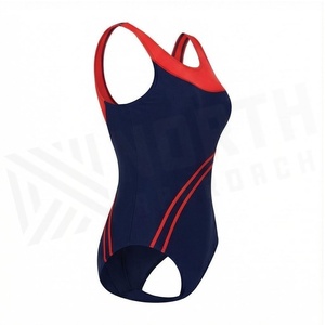 Traje de baño de una pieza para mujer, azul marino con ribete en contraste rojo, cuello redondo, diseño de rayas laterales, poliéster elástico de spandex - Product Image 3