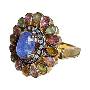 925 Sterling Silver <b>Fine</b> <b>Ring</b> with Natural Diamond Tanzanite Tourmaline Gemstones Classic Gold Plating Bezel Setting for Wedding - Product Image 2