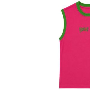 Camiseta sin mangas rosa intenso con ribete verde y logotipo personalizado, chaleco informal de algodón para mujer, cuello redondo, tops de moda de verano, OEM - Product Image 3
