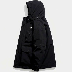 Men's Hooded <b>Windbreaker</b> Jacket Solid <b>Black</b> Color Workwear Coat With Pockets Autumn Coat Supplier - Product Image 3
