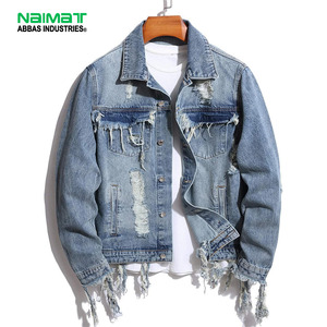 Distressed Blue Men's Denim Jacket Ripped <b>Jean</b> Coat Streetwear Fashion Slim Fit Tassels Fringe Outerwear Casual Style Cotton - Product Image 1