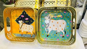 En gros, ensemble de plateaux et pots en corne Pichwai, faits main, au toucher réel, motif animalier indien, pour cadeau de remerciement - Product Image 2