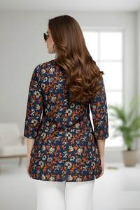 Túnica informal para mujer, azul marino, mezcla de algodón, estampada, cuello redondo, manga tres cuartos, largo regular, totalmente cosida, estilo étnico - Product Image 2