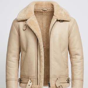 Veste aviateur en cuir véritable beige pour homme avec doublure en fausse fourrure, fermeture éclair, ceinture à la taille, vêtement d'hiver - Product Image 6