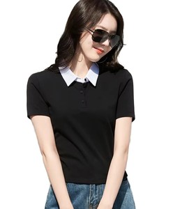Camiseta Polo de Algodón Nueva de Verano, Cuello Polo de Color Sólido, Manga Corta, Cintura Alta, Estilo Corto, Corte Ajustado, Moda Casual para Mujer - Product Image 2