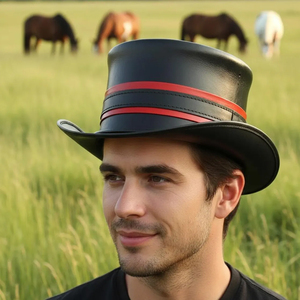 Sombrero de copa de cuero negro con franja roja, accesorio de disfraz formal para hombre, talla adulta 56-58 cm - Product Image 4