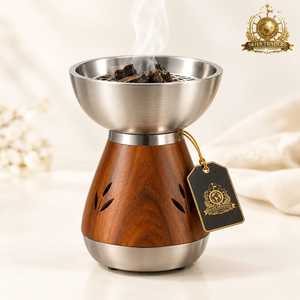 Brûleur d'encens en acier inoxydable et bois, base conique, porte-bakhoor arabe, encensoir à charbon d'oud, bol métallique, diffuseur d'arômes - Product Image 2