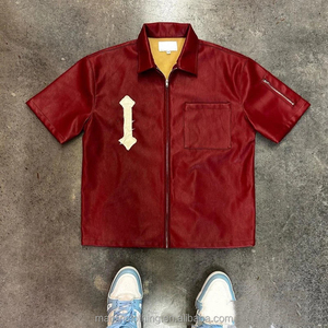 Men's Silk Screen Printed Eco-Friendly PU Leather Customized Long Short Sleeve T-Shirt Zipper Embroidery Applique Streetwear <b>Hip</b> - Product Image 3