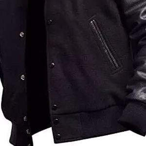 Veste bomber universitaire en laine noire avec manches en cuir noir, style décontracté pour hommes et femmes - Product Image 2