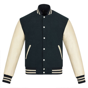 Men's Navy Varsity Jacket for PU Leather Sleeves Stand Collar Covered Button Windproof Polyester Wadding Casual Autumn Wear - Product Image 1