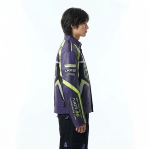 Blouson de moto coupe-vent à col montant, style motard, avec blocs de couleur violet et vert, fermeture éclair, pour la nuit - Product Image 3