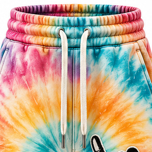Custom <b>Mens</b> Tie Dye <b>Fleece</b> <b>Shorts</b> Textured Embroidery Applique Drawstring Elastic Waist Side Pockets Wholesale Apparel OEM Trade - Product Image 4