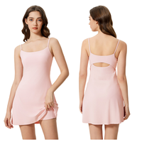 Rok Tenis Musim Panas Wanita dengan Celana Pendek Terintegrasi, Tali Spaghetti Tanpa Punggung, Model A-Line, Rok Olahraga Yoga dari Bahan Nilon Spandex