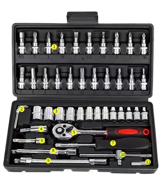 Gran oferta 46 Uds 1/4 Dr caja de herramientas de reparación de automóviles llave inglesa cromo vanadio herramientas manuales y juego de Llave de trinquete