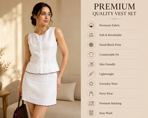 Exclusive Solid High Volume White Cotton Sleeveless <b>Short</b> <b>Top</b> <b>and</b> Casual Summer Woven Skirt Two Piece Breathable <b>Set</b> - Product Image 3