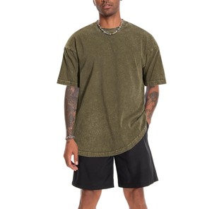 T-shirt décontracté pour homme, coupe ample et oversize, col rond, manches courtes, couleur unie, vert olive, 100 % coton, vente en gros OEM ODM 2026 - Product Image 4