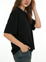 Camiseta Negra Lisa de Cuello Redondo para Mujer, Talla Grande, Manga Regular, Tejido Jersey, Estilo Casual, Ecológica