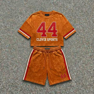 Premium Casual Acid Wash Two Piece Set Men Cotton T <b>Shirt</b> Shorts Summer Outfit Front Logo Letter Pattern OEM ODM Supplier - Product Image 1