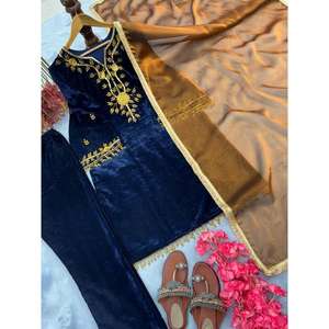 FANCY VISCOSA TERCIOPELO BORDADO SECUENCIA TRABAJO CON FUNDA CAMPANA Y LATKAN FONDO SUPERIOR CON DUPATTA AZUL MARINO - Product Image 5