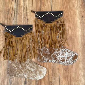 Venta caliente de cuero genuino vaquero calcetín de Navidad marrón con flecos largos 16 "pelo grande en medias de árbol de Navidad de cuero de vaca - Product Image 3