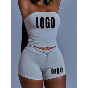 Custom Logo Y2K Women Sexy Fleece Two Piece <b>Set</b> Strapless Tube Top Shorts <b>Set</b> 100% Cotton Breathable Eco-Friendly for Wear - Product Image 5