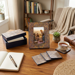 Ensemble de dessous-de-verre géométriques en os incrusté et bois à motif damier, faits à la main, personnalisés OEM/ODM, avec cadre photo et boîtes de rangement pour la décoration intérieure - Product Image 4