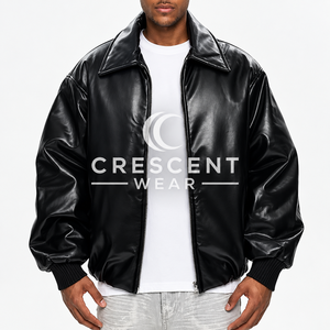 Blouson Bomber en Cuir PU pour Homme Crescent Wear, Col Rabattu, Fermeture Éclair, Style Décontracté pour l'Automne - Product Image 1