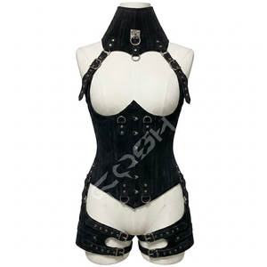 Corset en cuir suédé noir sexy pour femmes, style gothique et bondage, avec harnais pour le cou et les cuisses. - Product Image 1
