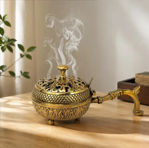 Antique style brass dhoop incense <b>burner</b> holder with long curved <b>side</b> handle, available at wholesale prices. - Product Image 2