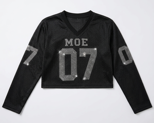 Women's <b>Black</b> <b>Mesh</b> <b>Long</b> <b>Sleeve</b> Customized Hotfix Rhinestone American Football Jersey Boxy V Neck Sparkly Chic Crop <b>Top</b> Wholesale - Product Image 4