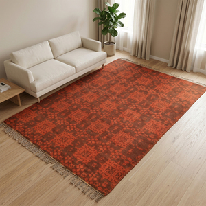 Alfombra DECORDEC Personalizada, Color Rojo Óxido y Marrón Oscuro, Diseño Geométrico de Medallones, Tejido Plano de Lana, Ecológica, Antideslizante, de Pelo Largo, con Flecos - Product Image 4