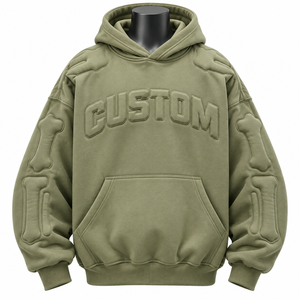Sweat à capuche unisexe vert olive avec lettres 3D en relief, manches à motif os, streetwear, 100% coton, hiver - Product Image 1