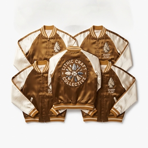 Wholesale Supplier Maroon Satin Varsity Jacket Custom Embroidered <b>Cream</b> Raglan Sleeve Zip Up <b>Strawberry</b> Guild Baseball Coat - Product Image 4