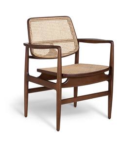 Chaise de salle à manger en teck au design rétro de luxe avec tressage en rotin naturel vintage - Product Image 1