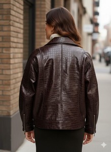 Brown Crocodile Embossed <b>Leather</b> <b>Jacket</b>, Oversized <b>Retro</b> Streetwear Coat - Product Image 4