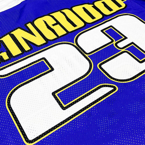 Unisex V-Neck Short Sleeve Mesh American Football Jersey Number 23 Blue White Yellow Sublimated Print Breathable 100% Polyester - Product Image 6