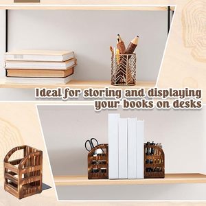 <b>Rustic</b> Wooden Desktop Bookends with Metal Storage Organizer Decorative Book Holder Pen Pencil <b>Desk</b> Organizer Set - Product Image 4