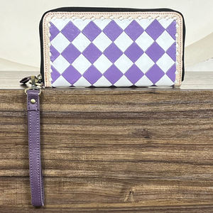 Western Genuine Cowhide Leather Checkered Wallet for Women Zipper Clutch Handcrafted <b>Wristlet</b> Purse Multi Color Durable Design - Product Image 4