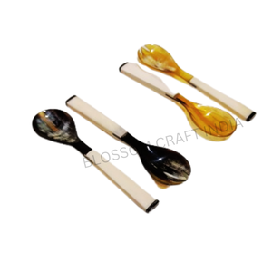 Juego de cuchara y tenedor artesanales de cuerno de buey con mango de hueso auténtico, estilo vikingo pulido, a precio reducido. - Product Image 6