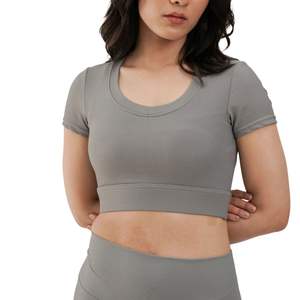Custom OEM Women Ribbed Short Sleeve Fitness Crop Tee Breathable <b>Stretch</b> Yoga Training Gym Activewear Slim Fit Sports Top - Product Image 1
